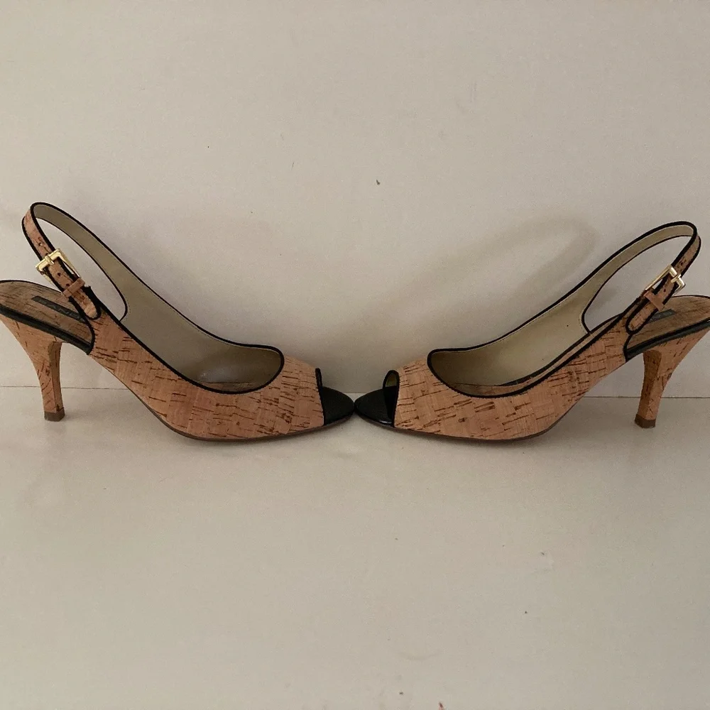 Bandolino Art Deco Cork & Black Trim Peep Toe Slingback Heels/Size 8M/EUC!
